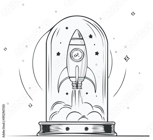 Conceptual Illustration of a Vintage Rocket Launching Inside a Glass Bell Jar