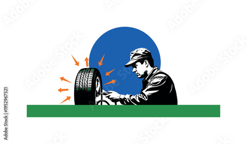 Black and white mechanic silhouette checking tire pressure, oversized cobalt blue circular sun behind figure, forest green horizontal bar grounding