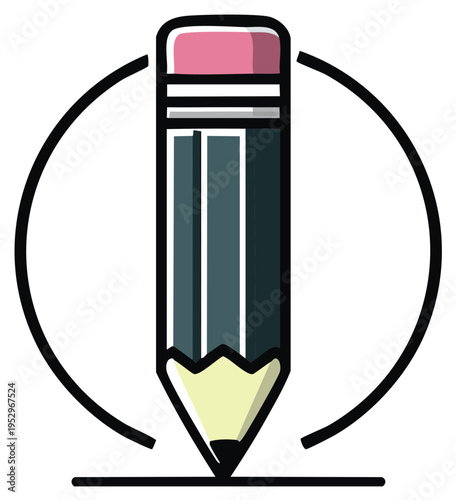 Grey Pencil With Pink Eraser Surrounded by Two Semicircles Touching a Straight Line Below, Vector Illustration