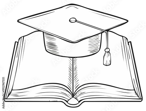 Academic graduation cap resting on an open book knowledge and higher education concept