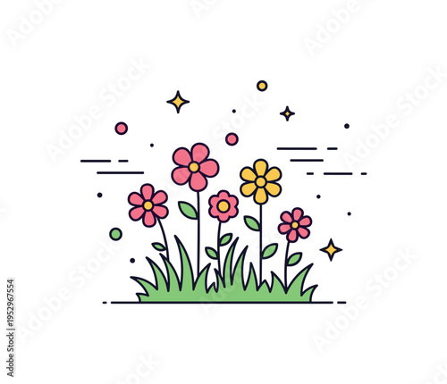 Wildflower field in sunlight colorful blossoms rising from a compact grassy patch with subtle breeze motion lines, symbolizing growth, harmony, and seasonal