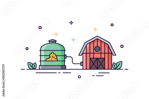 Biogas production on farm illustrated by a small digester tank icon connected to a barn and subtle leaf accents around it. A compact editorial metaphor of