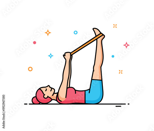 Hamstring stretch exercise shown as a simplified figure lying on their back lifting one leg upward with a strap looped around the foot, conveying flexibility