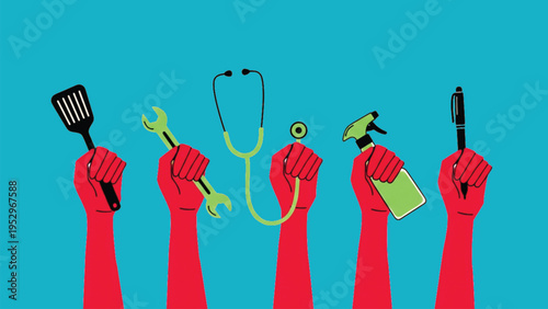 A conceptual illustration featuring red fists raised in the air, each holding a different tool representing various professions, set on a blue background.