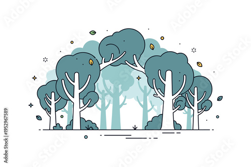 Dense woodland canopy featuring overlapping tree silhouettes forming a natural frame around a simple forest floor, conveying immersion and tranquility. Small