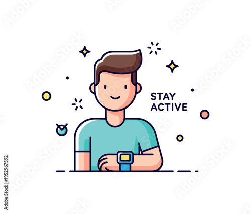 Active lifestyle concept badge sporty character wearing a fitness tracker with subtle spark elements and a small text accent Stay Active, capturing enthusiasm,