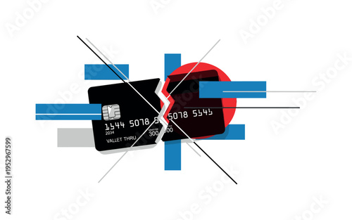 Black and white broken credit card split cleanly in half, bright red circular accent behind symbolizing decisive action, blue rectangular blocks intersecting