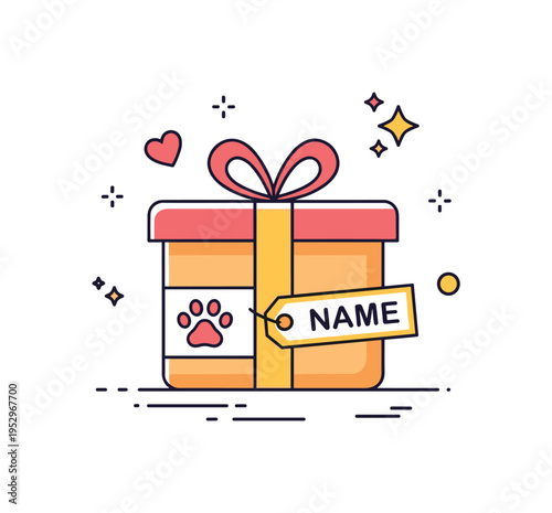 Personalized pet present with a neat gift box labeled with a paw icon and name tag, symbolizing thoughtful customization and special attention. Subtle heart