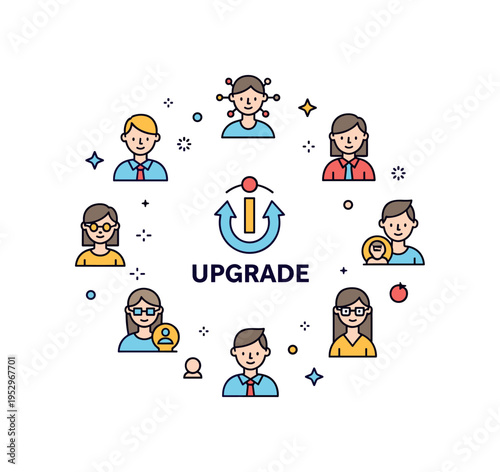 Fair access to enhancement diverse human icons surrounding a central upgrade symbol, highlighting social equality and the ethical question of who benefits from
