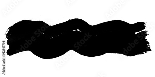 Black ink wavy brush stroke isolated on white background, abstract curved paint smear