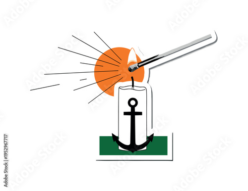 Black and white match being struck to light a handmade candle, bold warm orange circle representing ignition behind flame, deep green rectangular anchor at