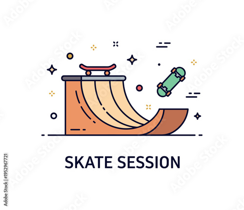 Extreme sports skate park culture theme centered on a minimal half pipe structure with a skateboard icon and small star accents, symbolizing community,