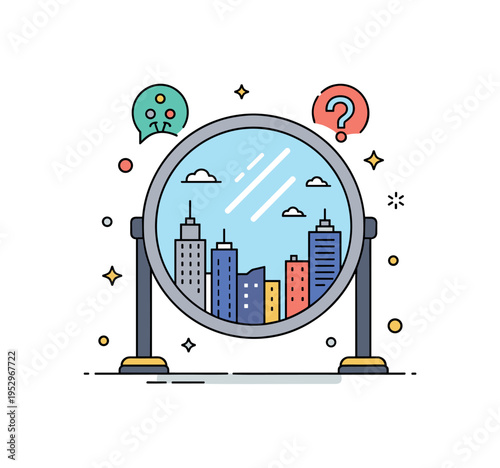 Mirror reality paradox theme represented by a central mirror icon reflecting an alternate skyline with subtle inverted details. The composition expresses
