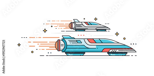 Futuristic hover vehicle chase with streamlined shapes and glowing motion trails symbolizing advanced technology and extreme velocity. Clean layered elements