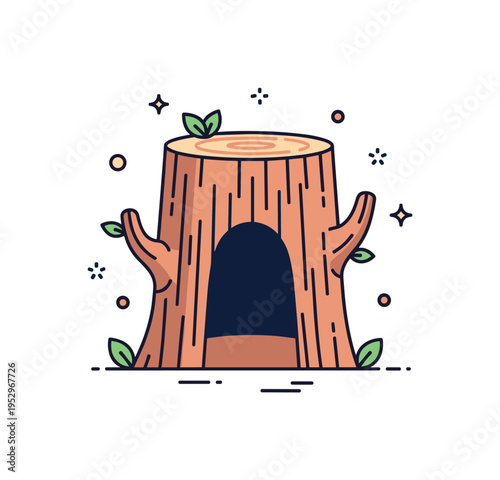 Hollow tree trunk nature theme centered on a simplified tree silhouette with a rounded opening carved into its center and small leaf accents around. A calm