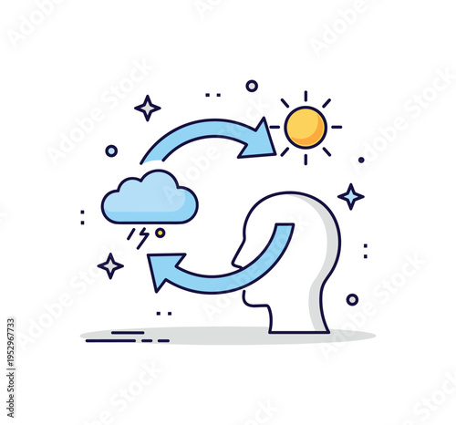 Positive reframing cycle circular arrow transforming from a small storm cloud into a bright sun near a head silhouette, illustrating mindset shift