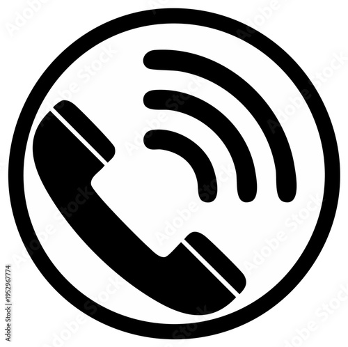 Silhouette of a ringing telephone inside a circle, representing communication and contact