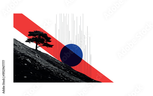 Black and white image of a lone tree on a mountain slope, bold red diagonal block slicing across the background for graphic tension, thin vertical lines