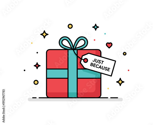 Minimalist masculine gift concept showing a simple wrapped box in bold contrasting colors with a short tag labeled Just Because, symbolizing spontaneous