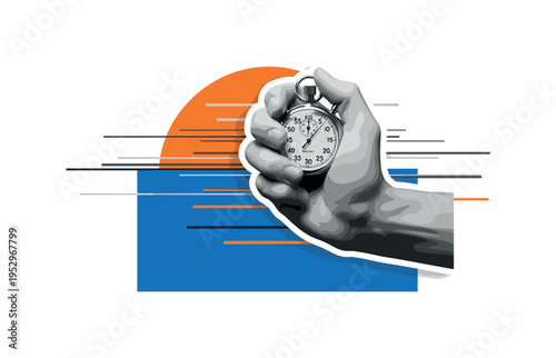 Black and white stopwatch held firmly in hand, large cobalt blue rectangle echoing stability, orange semicircle rising behind like urgency signal, abstract