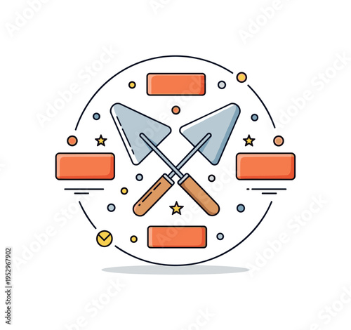 Bricks and trowel masonry badge design showing crossed brick and trowel icons arranged inside a subtle circular frame. The composition communicates trade