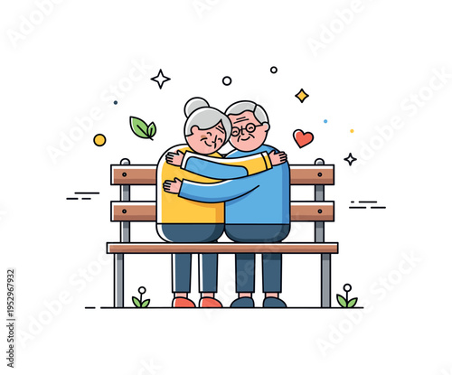 Senior couple embracing on park bench depicted sitting closely with arms around each other, symbolizing lifelong partnership and comfort in public spaces.
