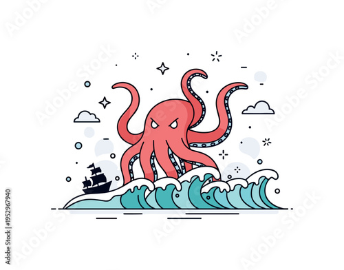 Kraken sea monster large tentacled creature emerging from stylized waves with subtle ship silhouette nearby, conveying epic ocean myth and dramatic scale.
