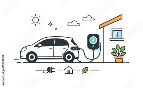 Home EV charging. A car parked near a house with a wall-mounted charger, creating a calm residential scene. The mood highlights convenience and everyday