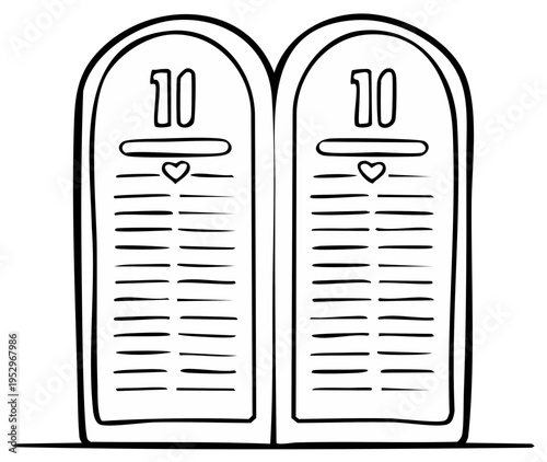 Ten Commandments tablet illustration, outline art concept, religious law symbol, black and white, simplified design for books, coloring page, faith and belief graphic element