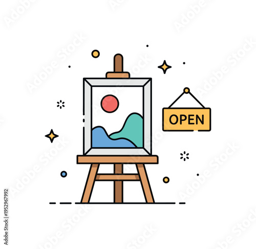 Independent artist studio shop concept featuring a simplified easel with a framed print and a small Open sign nearby, expressing authenticity, handmade