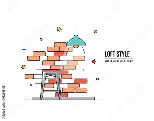 Interior industrial loft atmosphere illustrated through a simple brick wall pattern behind a metal stool and hanging lamp, conveying urban character and