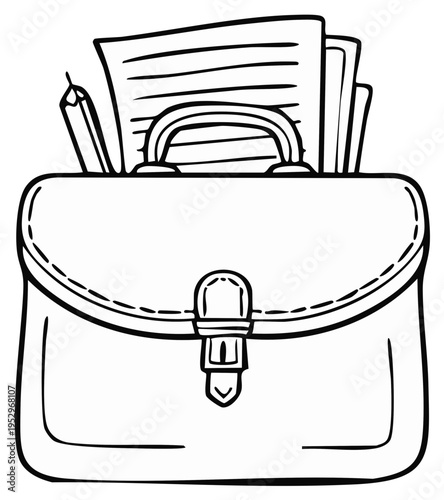 School satchel filled with documents and a pencil line art drawing for a coloring book