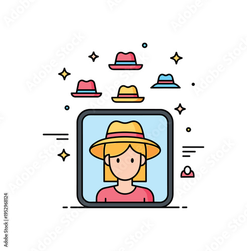 Virtual fitting for hats and accessories shown with a simplified portrait inside a rounded screen while small hat icons appear above, conveying customization,