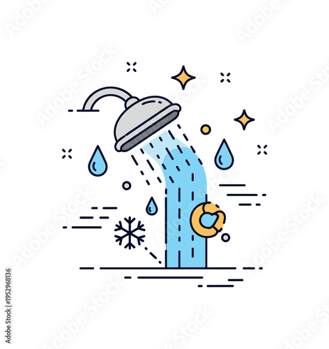 Cold shower revitalization concept depicted with crisp water droplets and a small snowflake icon near the stream, expressing energy and alertness. Compact