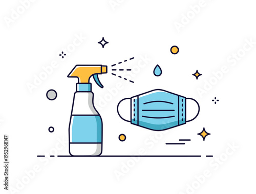 Cleanliness public health awareness theme featuring a simple spray bottle and a protective mask icon arranged in harmony with tiny sparkle accents. A clear