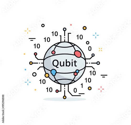 Quantum computing qubit concept centered on a stylized sphere labeled Qubit surrounded by small binary digits and a subtle circuit outline, expressing advanced