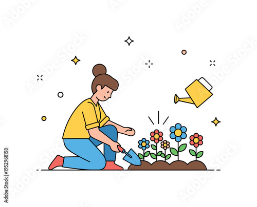 Tending to flowerbeds gardener kneeling beside blooming plants with a small hand trowel, expressing care, patience and connection with nature. A compact visual