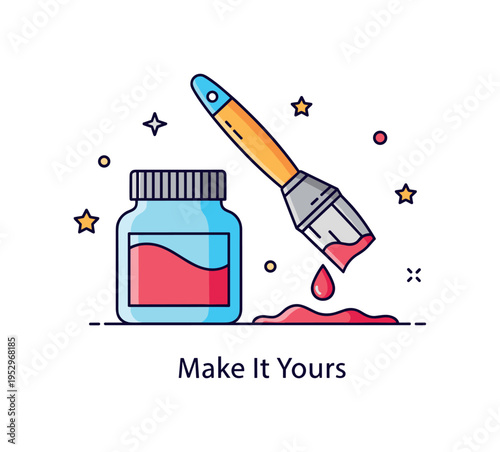 Painting brush DIY hobby scene featuring a compact jar of paint beside a slightly angled brush with a vivid paint drop, symbolizing hands on creativity and