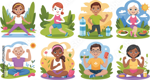 Diverse children and seniors enjoy healthy outdoor fitness.