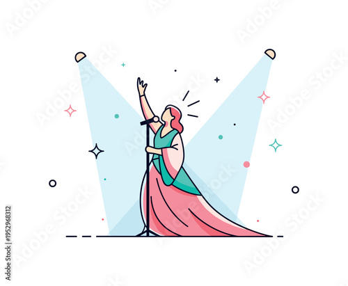 Opera singer spotlight dramatic figure in flowing attire with raised hand gesture and subtle spotlight beams, expressing theatrical emotion and powerful vocal