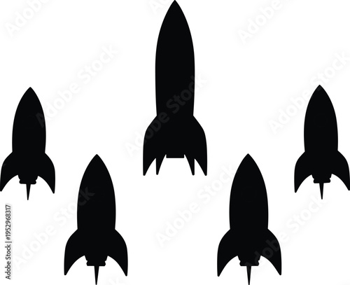 Black rocket icon set, spaceship silhouettes, space launch symbols, minimal flat design, futuristic vector illustration isolated on white background