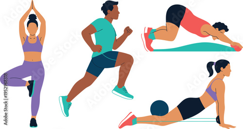 Athletes perform varied fitness exercises including running and yoga.