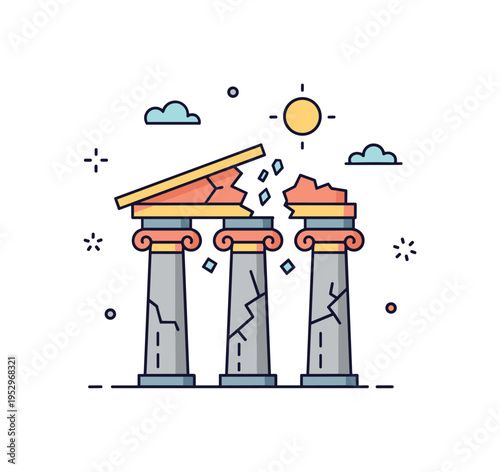 Archaeological adventure concept featuring a partial temple facade with cracked pillars and a subtle sun accent above, symbolizing uncovering stories from the