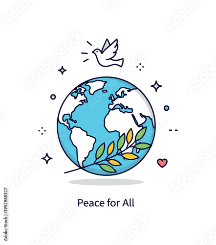 Global peace illustration symbolic globe with a small dove flying above and an olive branch crossing the lower part, expressing unity and hope across
