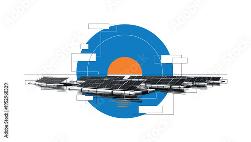 Black and white realistic floating solar panel array spread across calm reservoir surface, bold blue circular halo behind the panels and bright