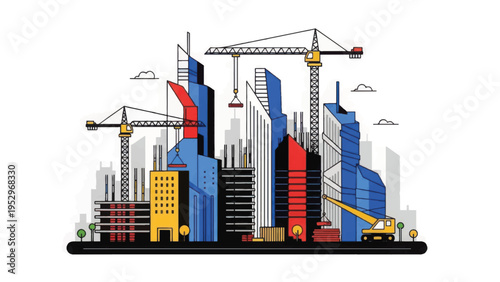 Vibrant Illustrated Construction Site Cityscape with Modern Skyscrapers and Development Cranes