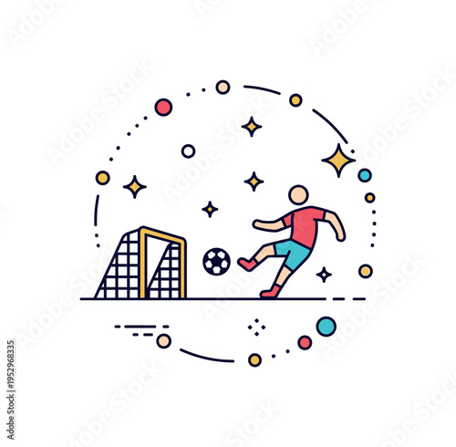 Championship winning shot featuring a simplified player silhouette kicking a ball toward a net with small star accents emphasizing victory and achievement. The