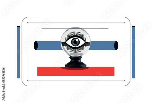 Black and white eye symbol embedded within a crystal ball floating above minimal pedestal, bold red horizontal bar crossing beneath, blue cylindrical shapes