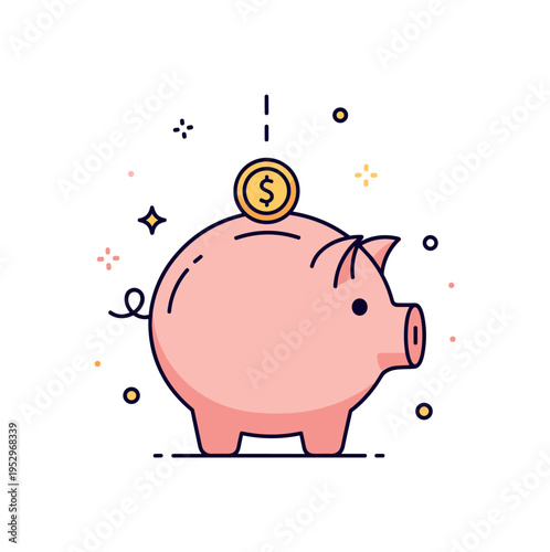 Piggy bank savings concept symbolized by a rounded pig with a coin dropping into a slot on its back, highlighting financial planning and smart budgeting. A