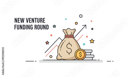 New venture funding round announcement illustrated by a money bag icon paired with subtle upward trend lines and celebratory confetti dots. The scene